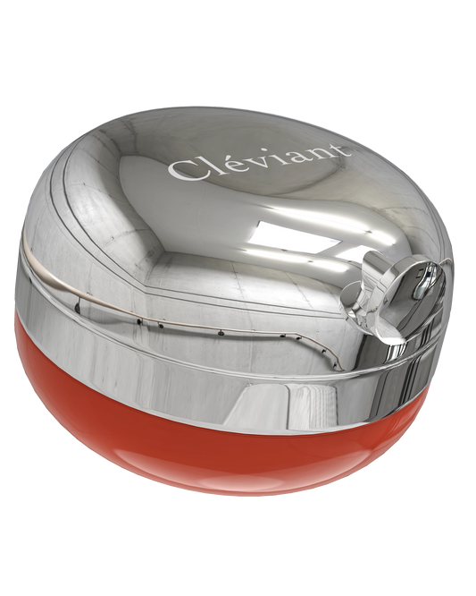Silver and red cosmetic container with 'Cleviant' branding on a white background