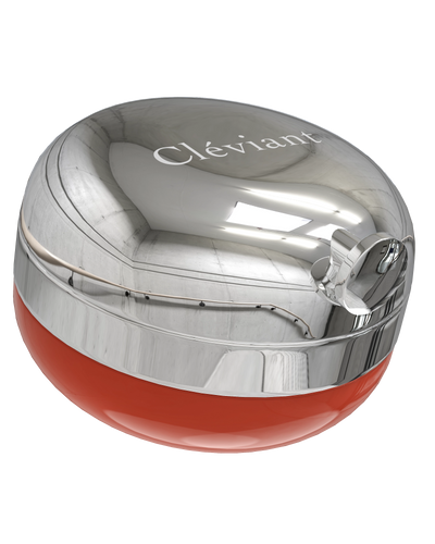 Silver and red cosmetic container with 'Cleviant' branding on a white background