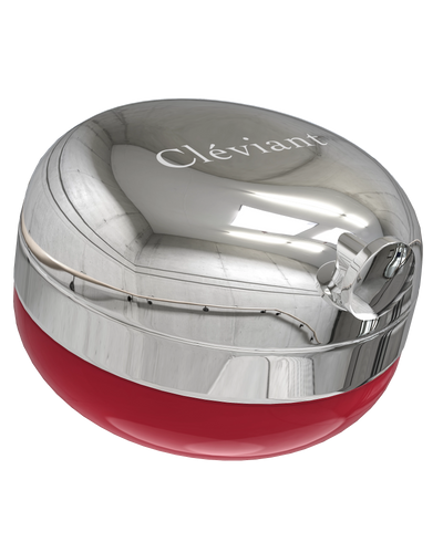 Silver and red cosmetic jar with 'Cleviant' branding on a white background