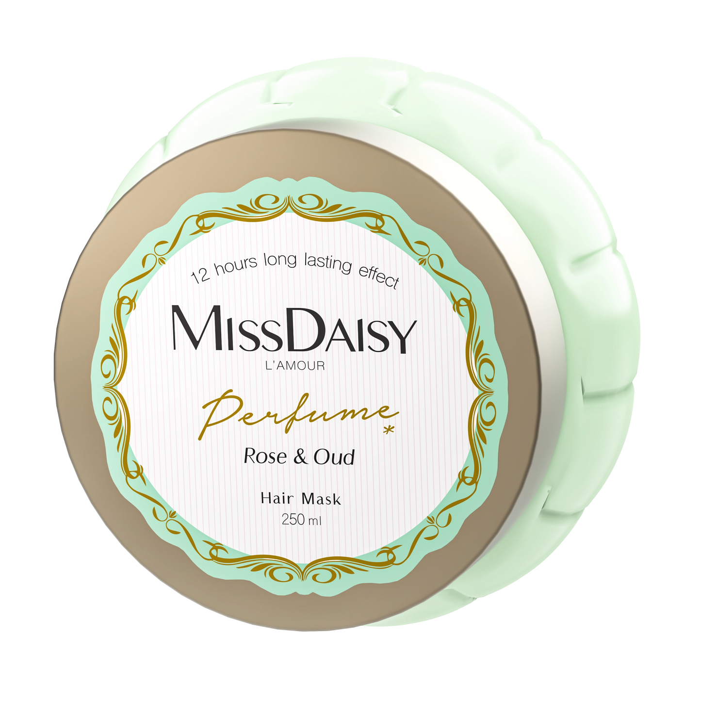 Miss Daisy hair mask container with rose and oud fragrance on a white background