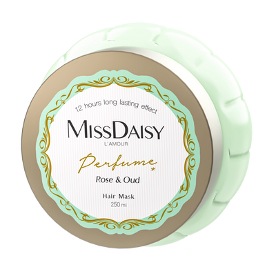 Miss Daisy hair mask container with rose and oud fragrance on a white background