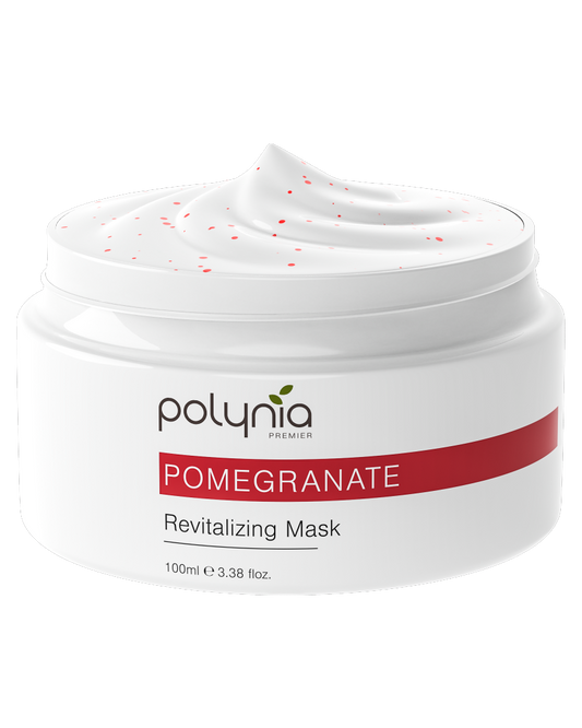 Jar of Polynia Pomegranate Revitalizing Mask on a white background