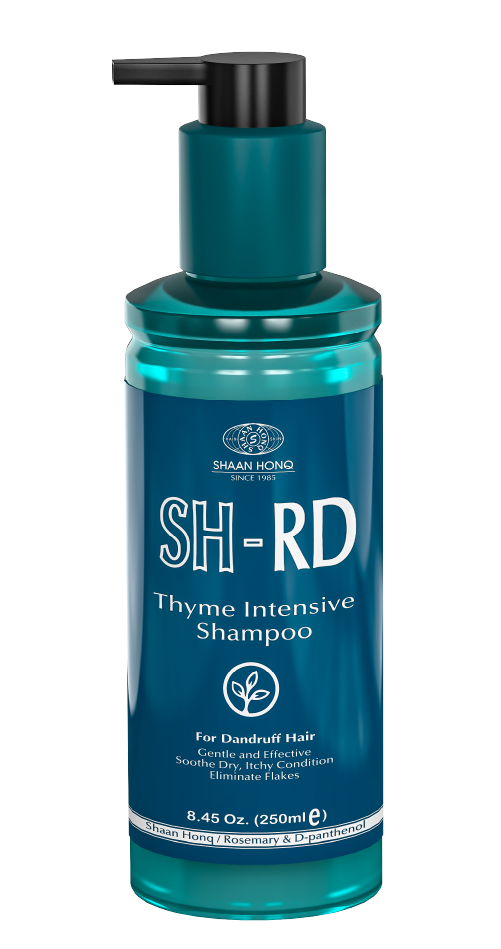Blue shampoo bottle with pump labeled 'SH-RD Thyme Intensive Shampoo' on a white background