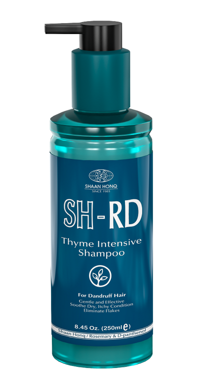 Blue shampoo bottle with pump labeled 'SH-RD Thyme Intensive Shampoo' on a white background
